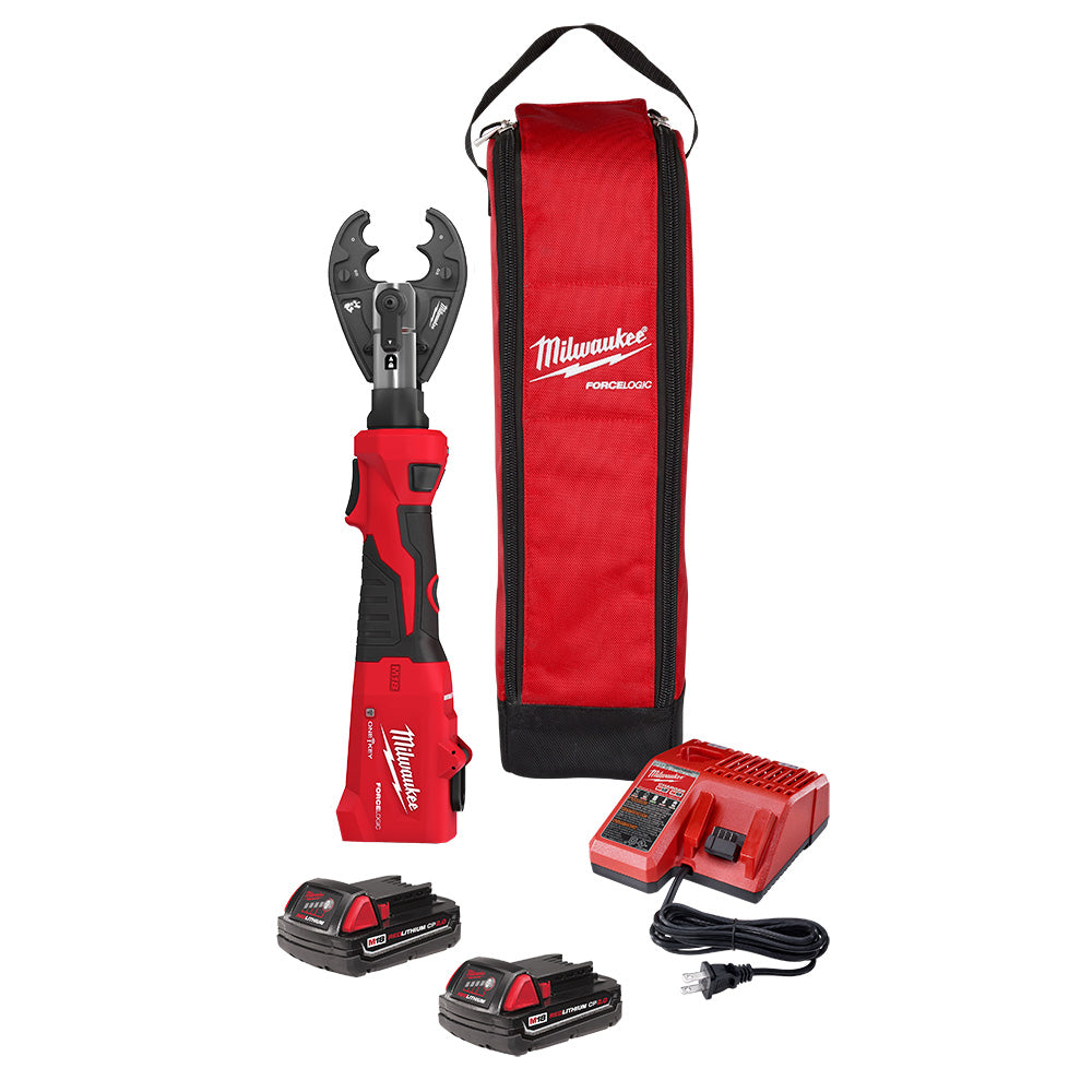 Milwaukee M18 crimper tool with red and black handle, two batteries, charger, power cord, and red carrying bag.