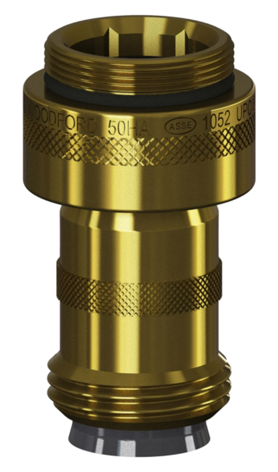 Brass hose adapter with threaded connections, knurled grip bands, and black rubber seal at base.