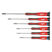 Six Milwaukee precision screwdrivers with red and black handles arranged horizontally, featuring slotted and Phillips tips.