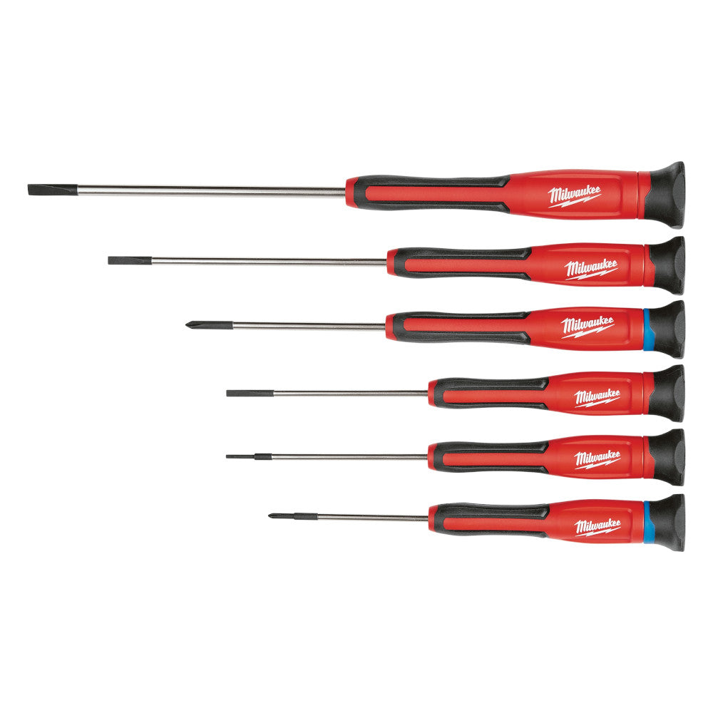 Six Milwaukee precision screwdrivers with red and black handles arranged horizontally, featuring slotted and Phillips tips.