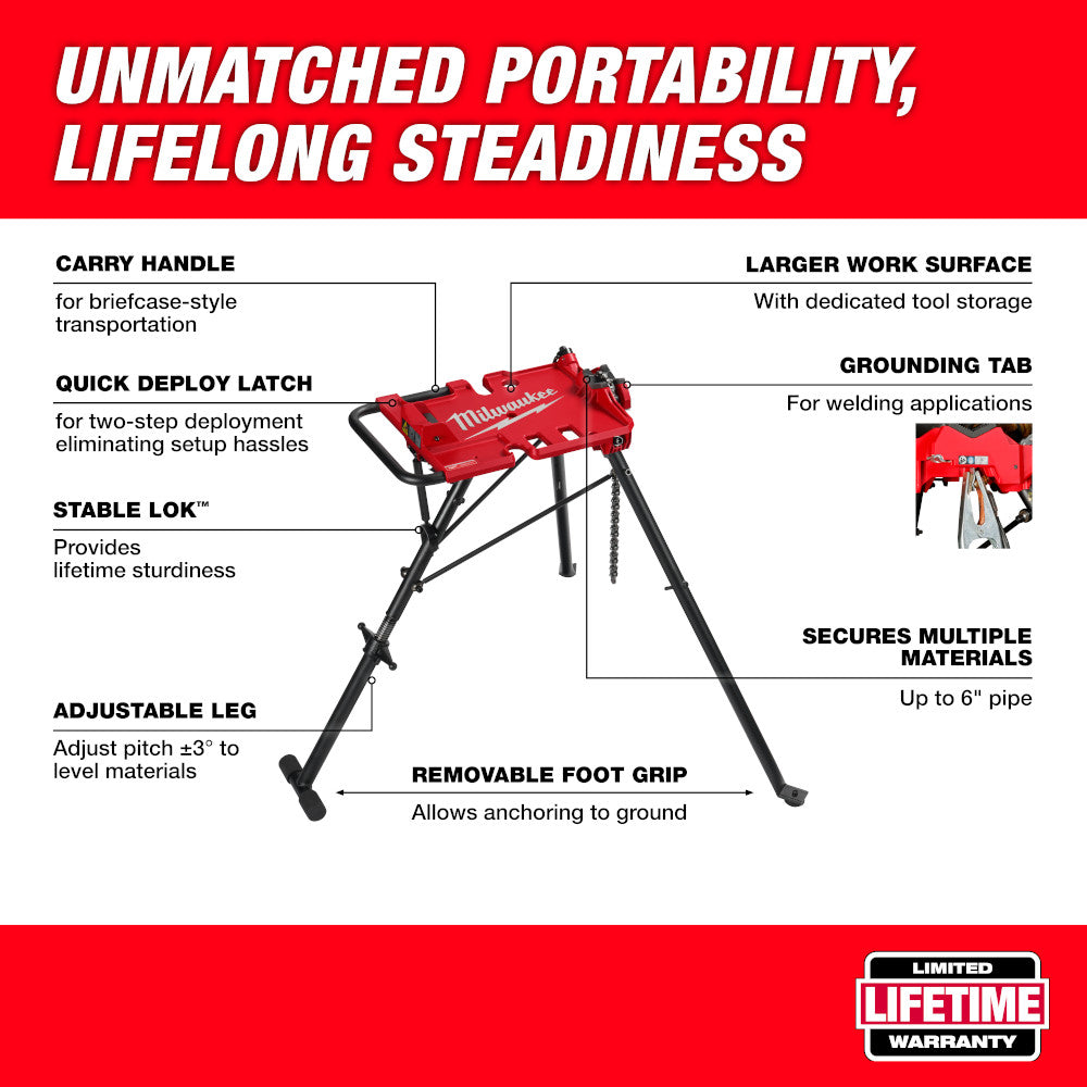 Red portable chain vise with black tripod legs, carry handle, and adjustable feet for leveling materials up to 6 inches.