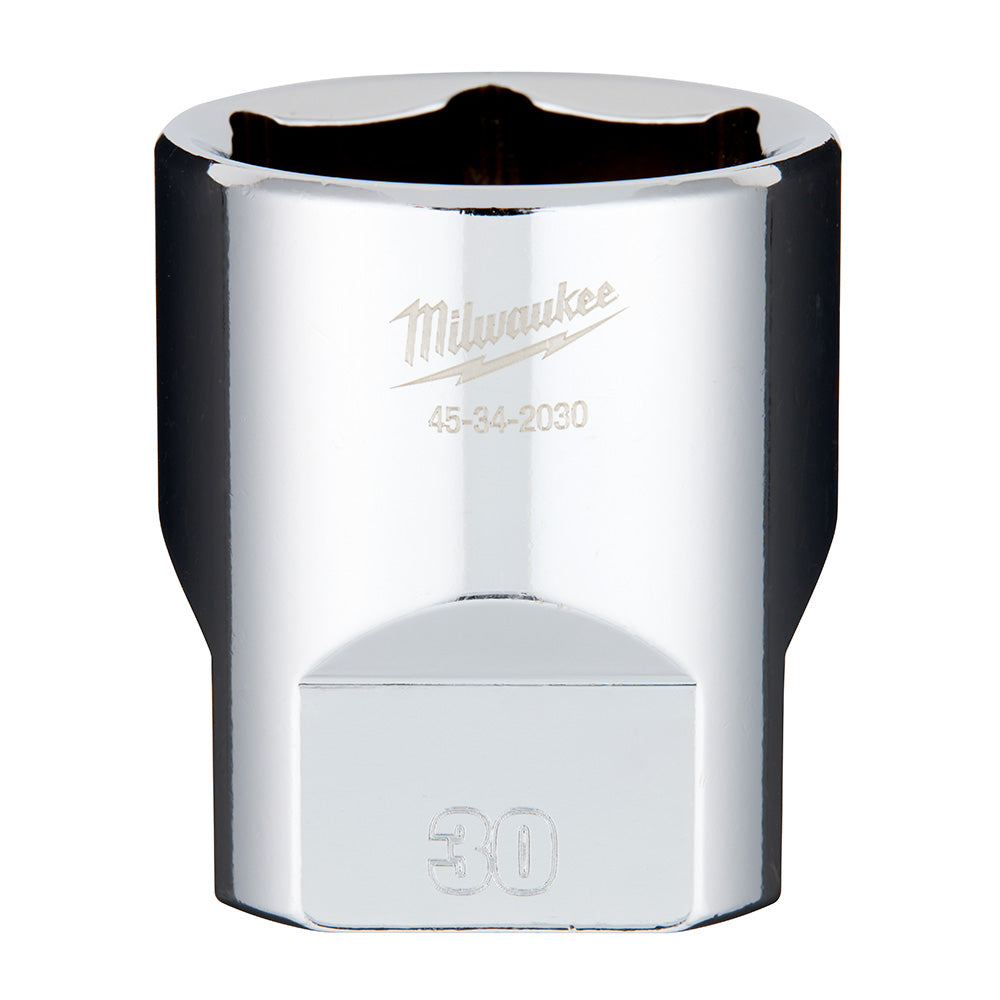 Milwaukee 1/2" drive 30mm socket with chrome finish and black grip sleeve.