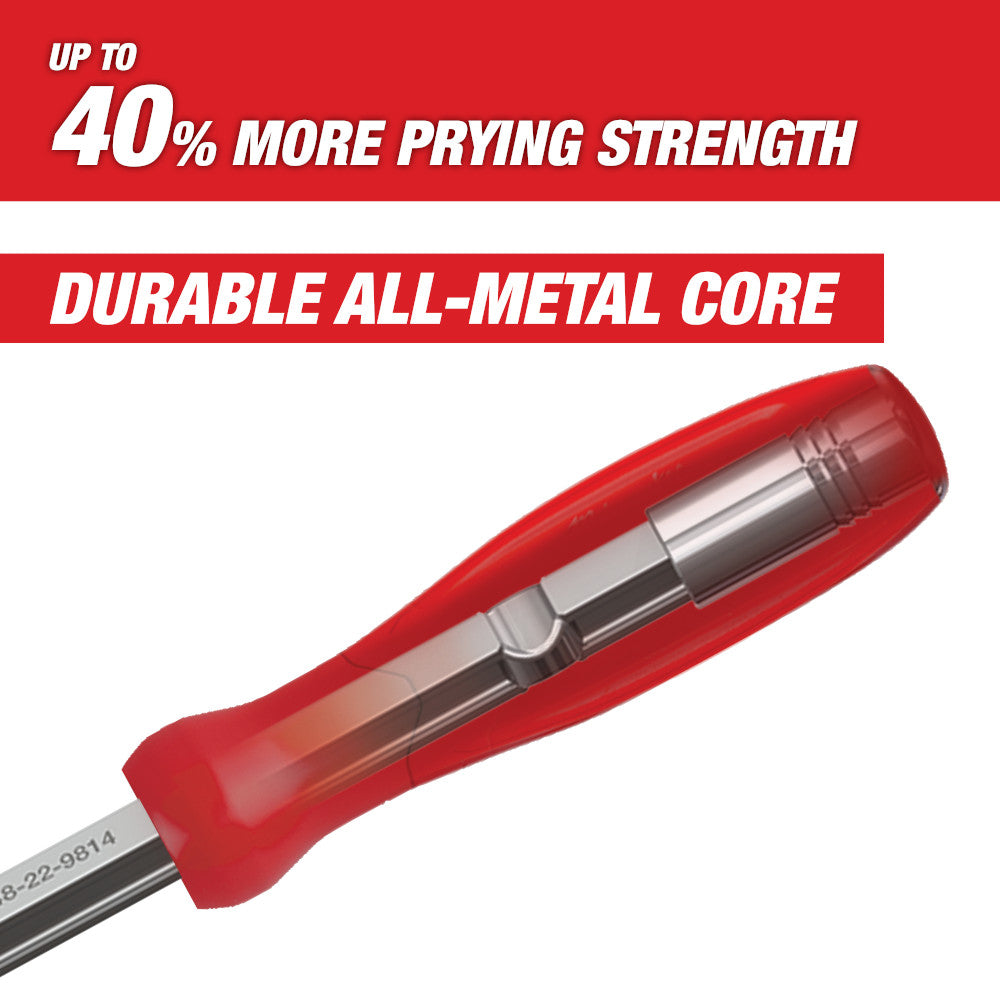 Red pry bar with metal core and red grip handle against white background.