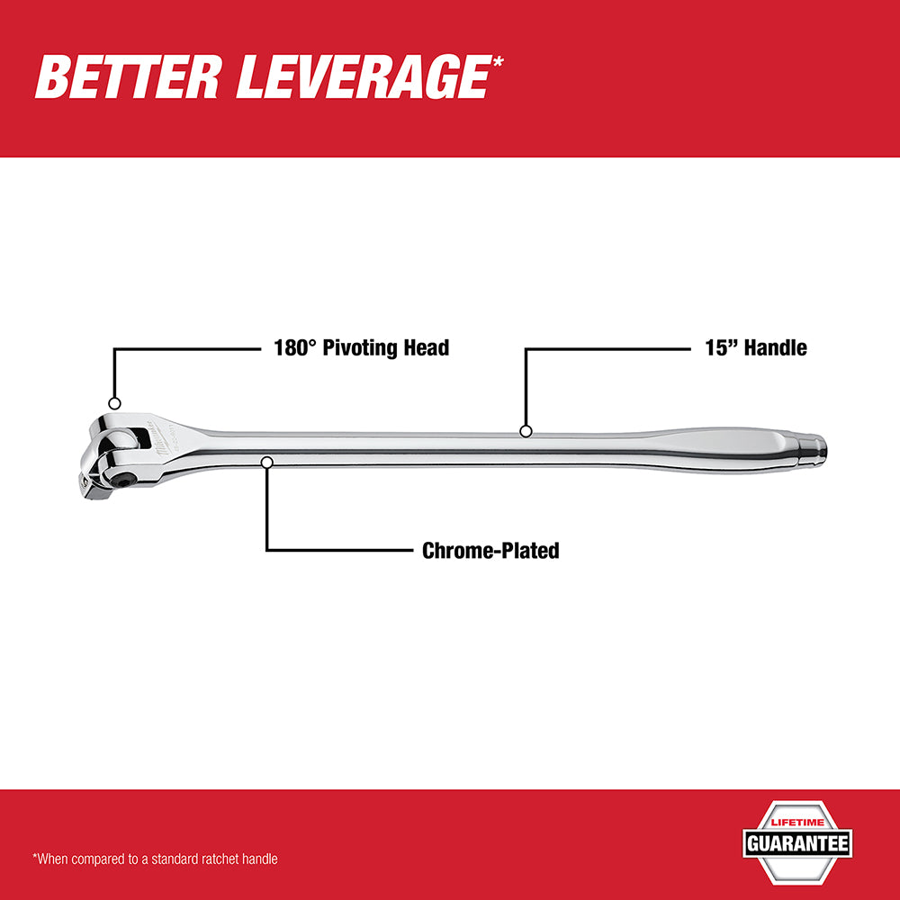 Chrome-plated 1/2 inch drive breaker bar with 15 inch handle and 180-degree pivoting head.
