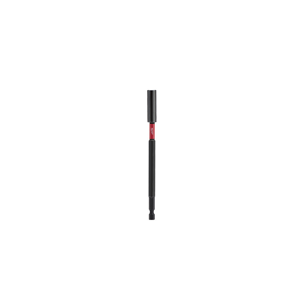 Black magnetic bit tip holder with red band and black grip sleeve for drill bit storage and organization.