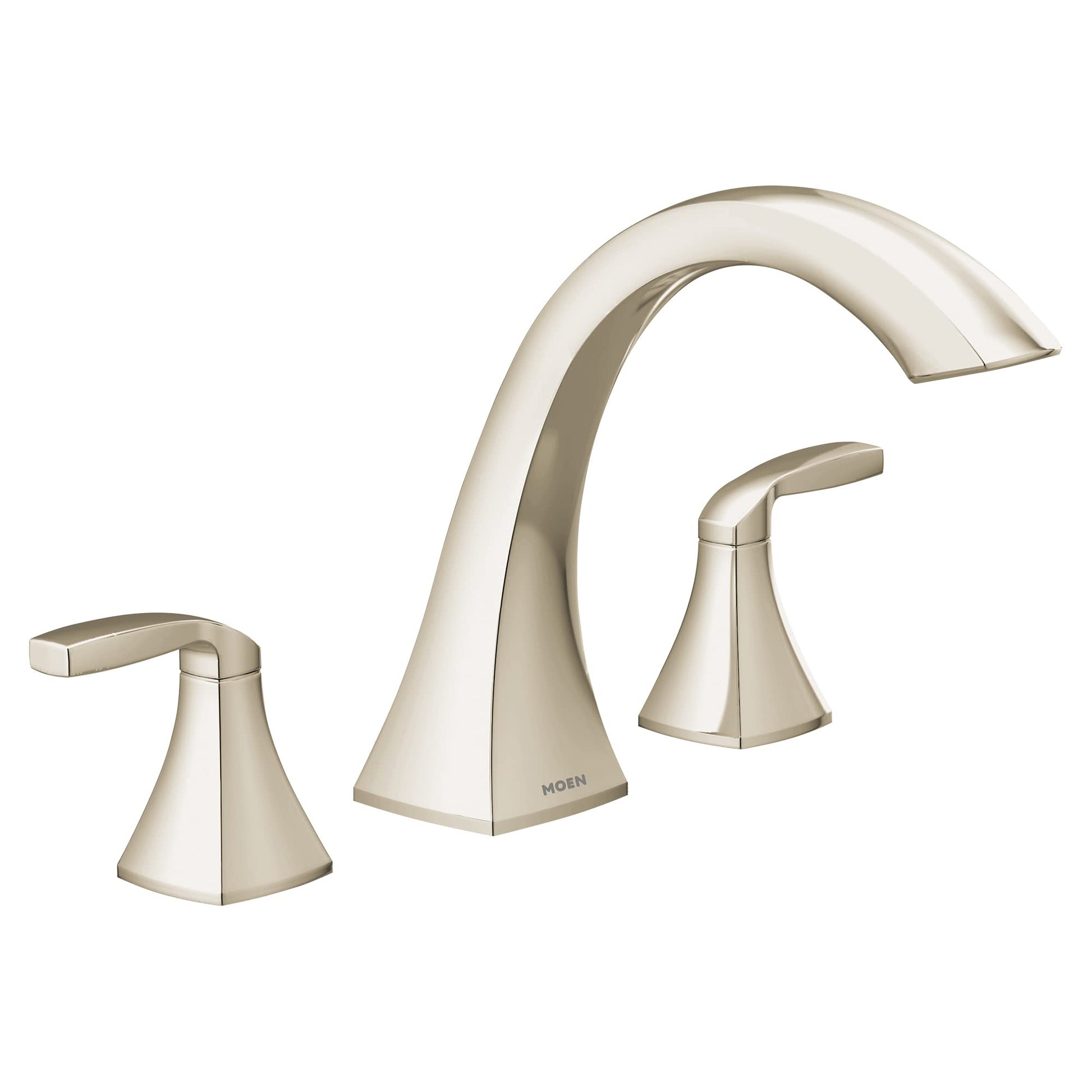 Polished nickel two-handle deck mount roman tub faucet with curved spout and lever handles.