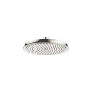 Polished nickel round shower head with perforated face and chrome trim ring.