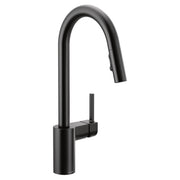 Matte black single-handle pulldown kitchen faucet with curved spout and side lever control.
