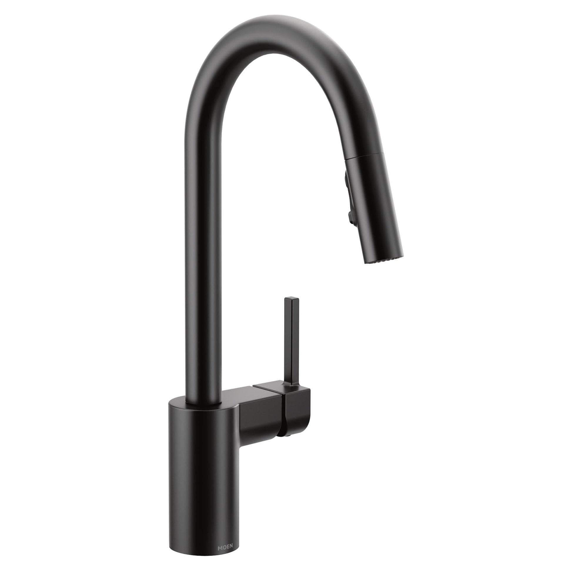 Matte black single-handle pulldown kitchen faucet with curved spout and side lever control.