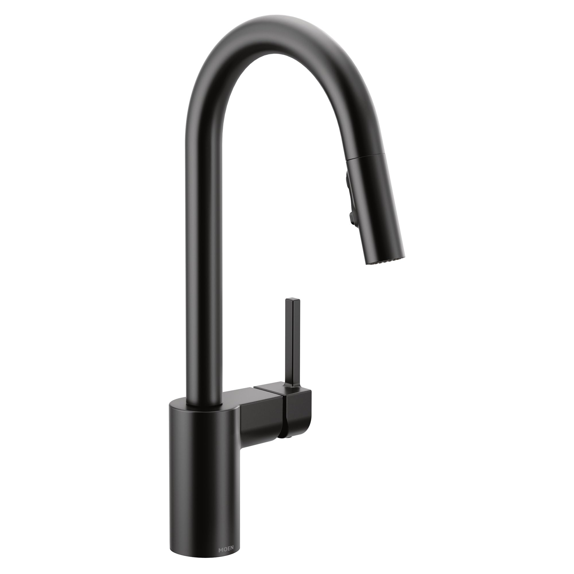 Matte black single-handle pulldown kitchen faucet with curved spout and side lever control.