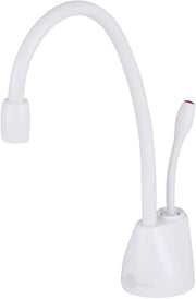 White instant hot water dispenser faucet with curved spout and handle control.