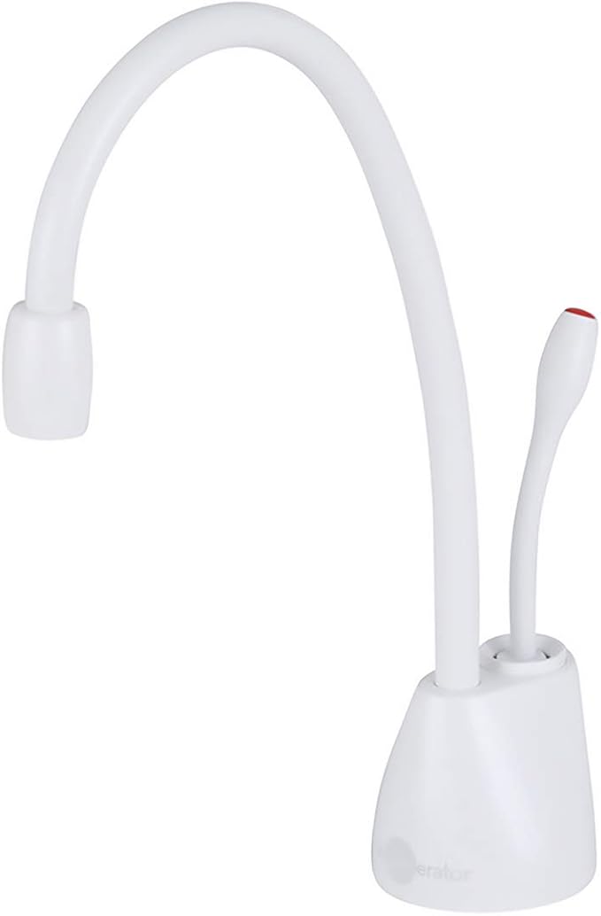 White instant hot water dispenser faucet with curved spout and handle control.