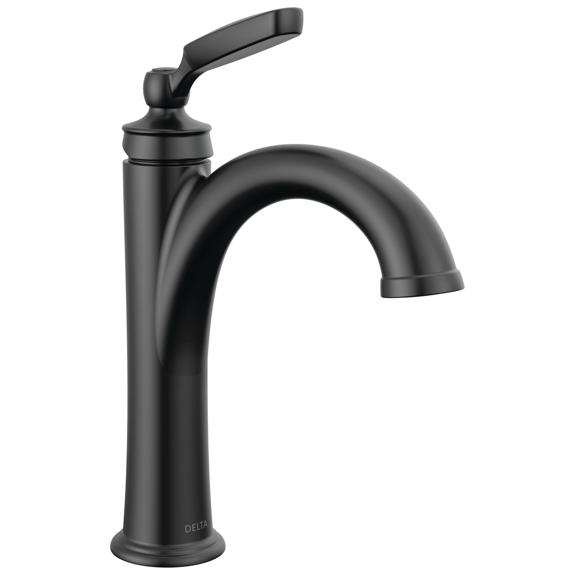 Black single-handle bathroom faucet with curved spout and lever handle on circular base.