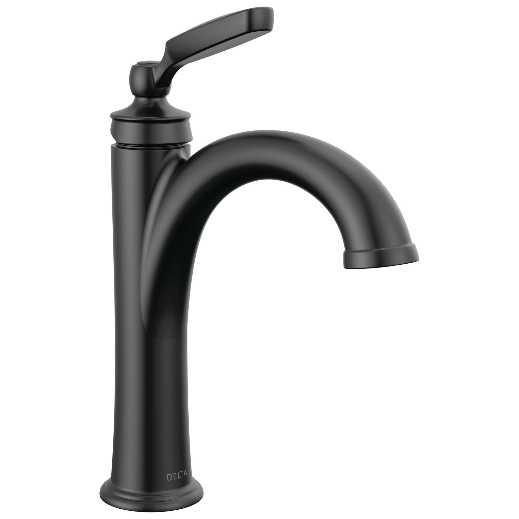 Black single-handle bathroom faucet with curved spout and lever handle on circular base.