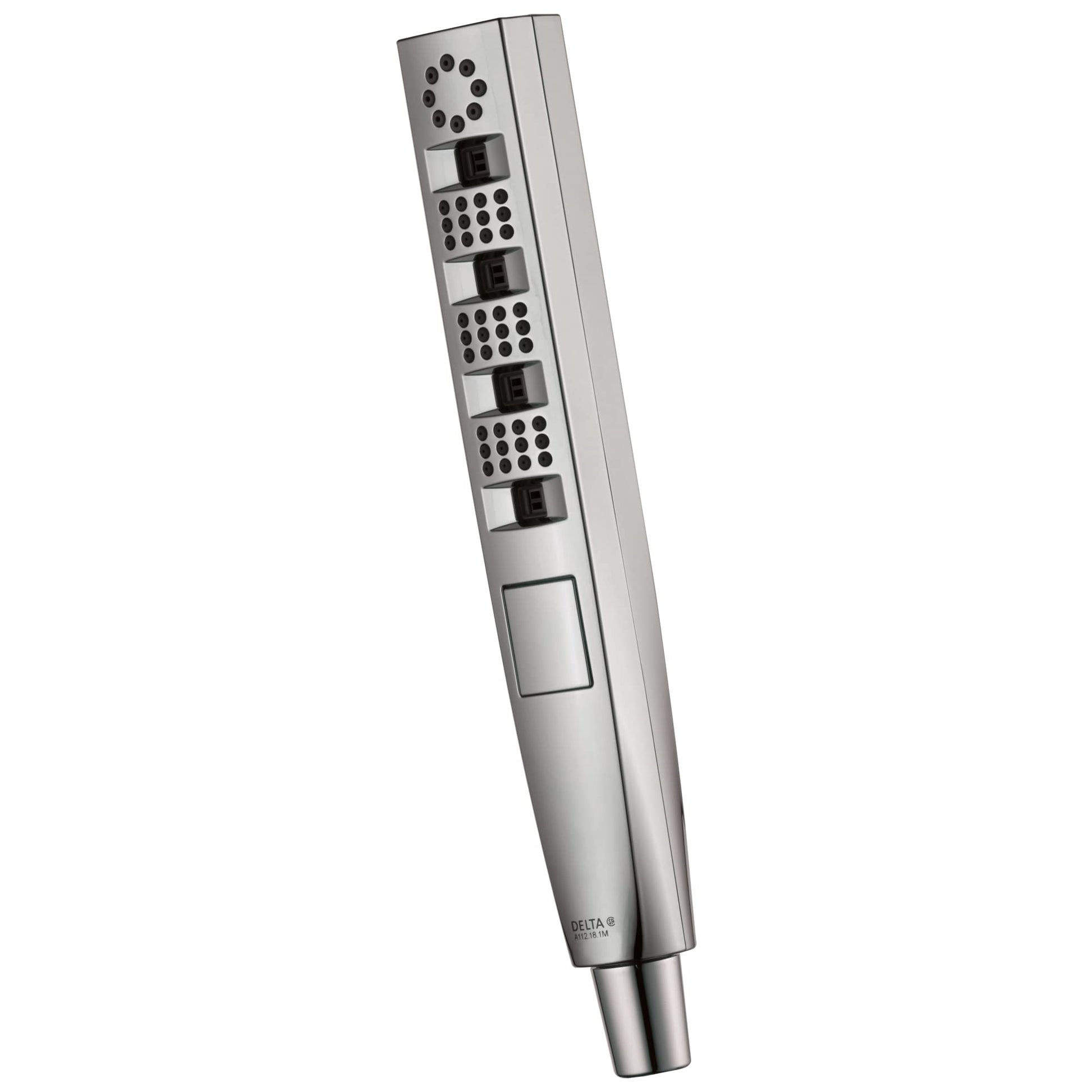 Chrome hand shower with four spray settings and black selector buttons arranged vertically on the handle.