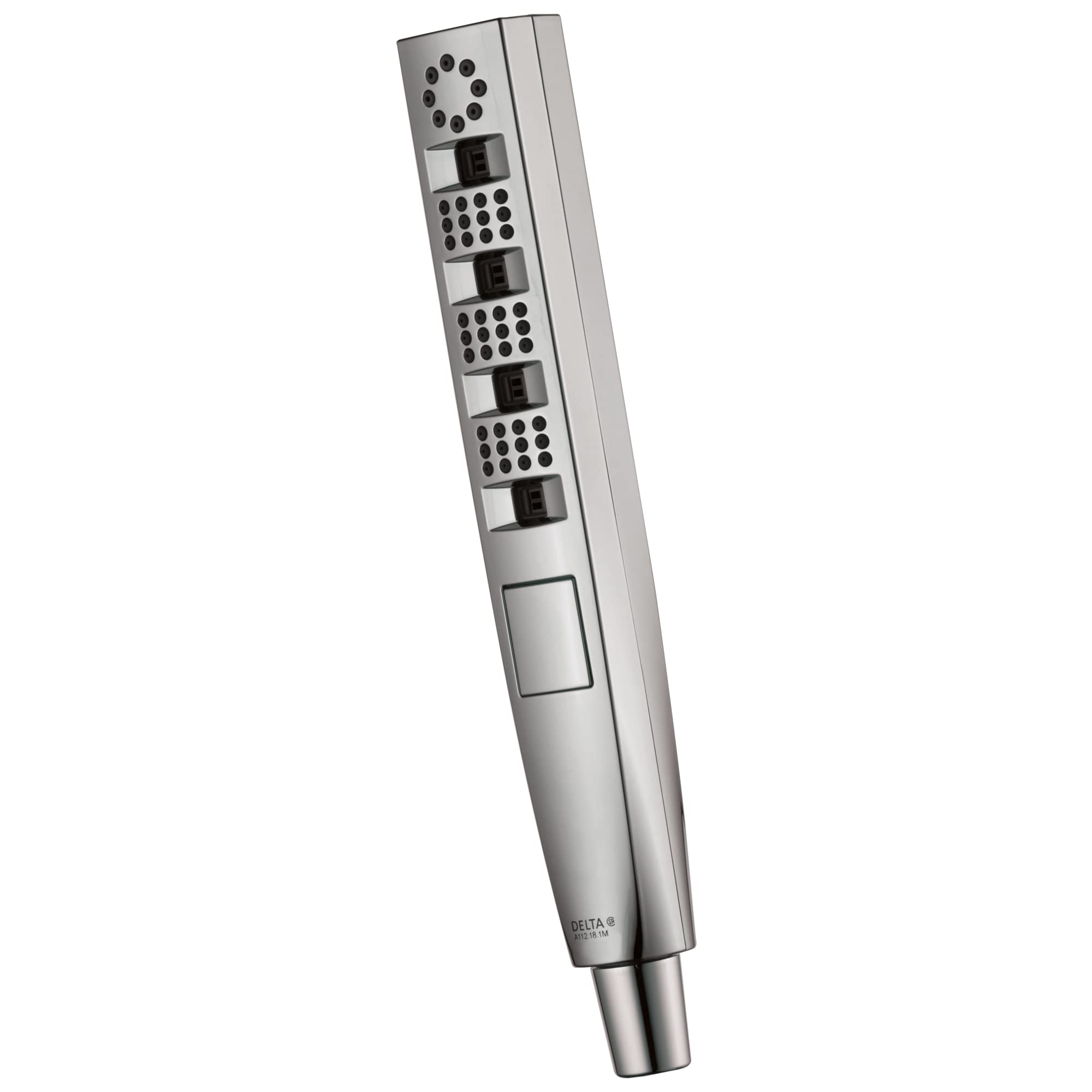 Chrome hand shower with four spray settings and black selector buttons arranged vertically on the handle.