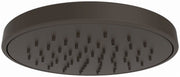 Oil rubbed bronze round rainfall shower head with multiple spray jets evenly distributed across flat circular face.