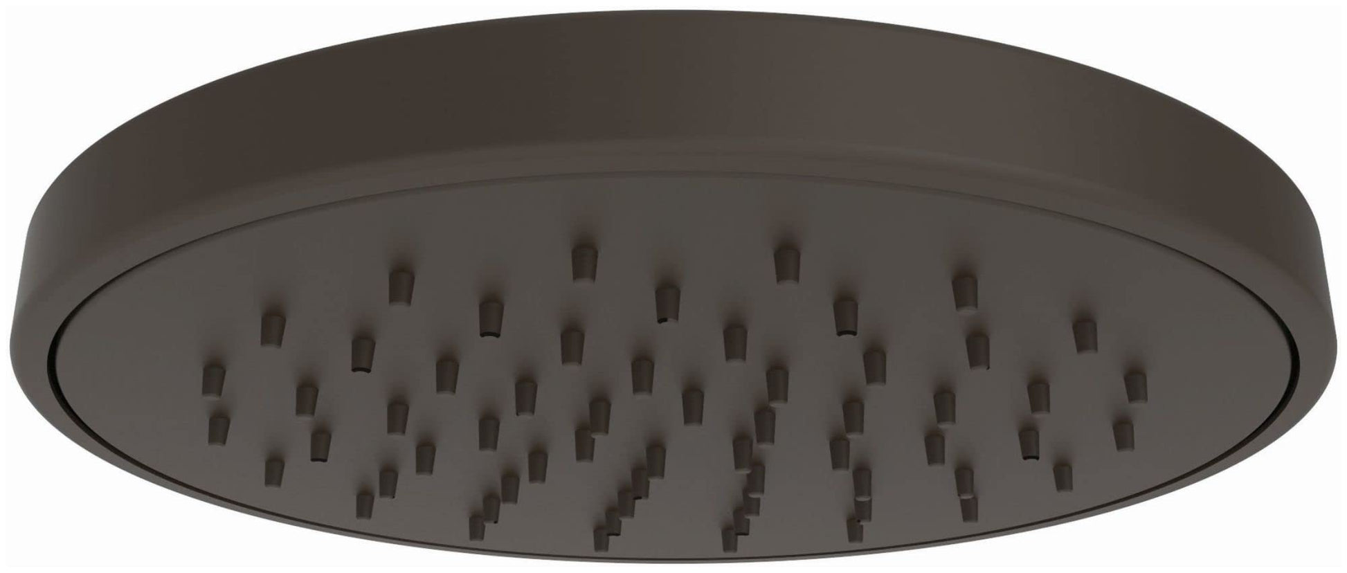 Oil rubbed bronze round rainfall shower head with multiple spray jets evenly distributed across flat circular face.