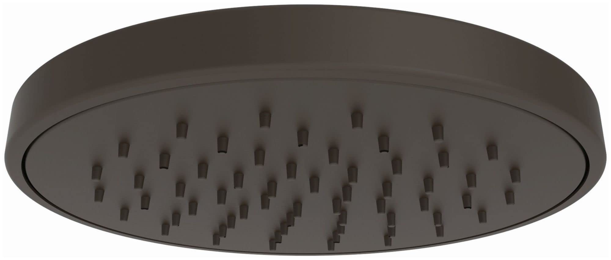 Oil rubbed bronze round rainfall shower head with multiple spray jets evenly distributed across flat circular face.