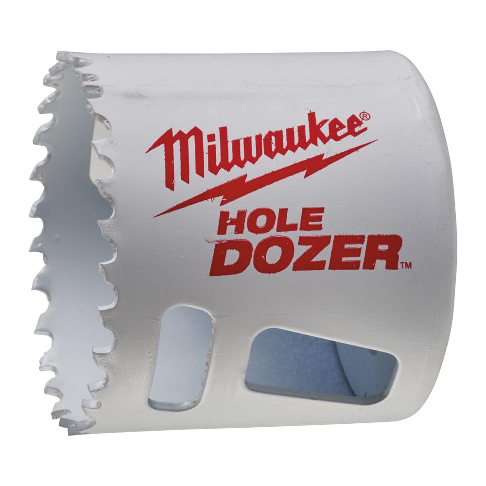 Milwaukee HOLE DOZER bi-metal hole saw with serrated cutting edge and two mounting slots on white cylindrical body.