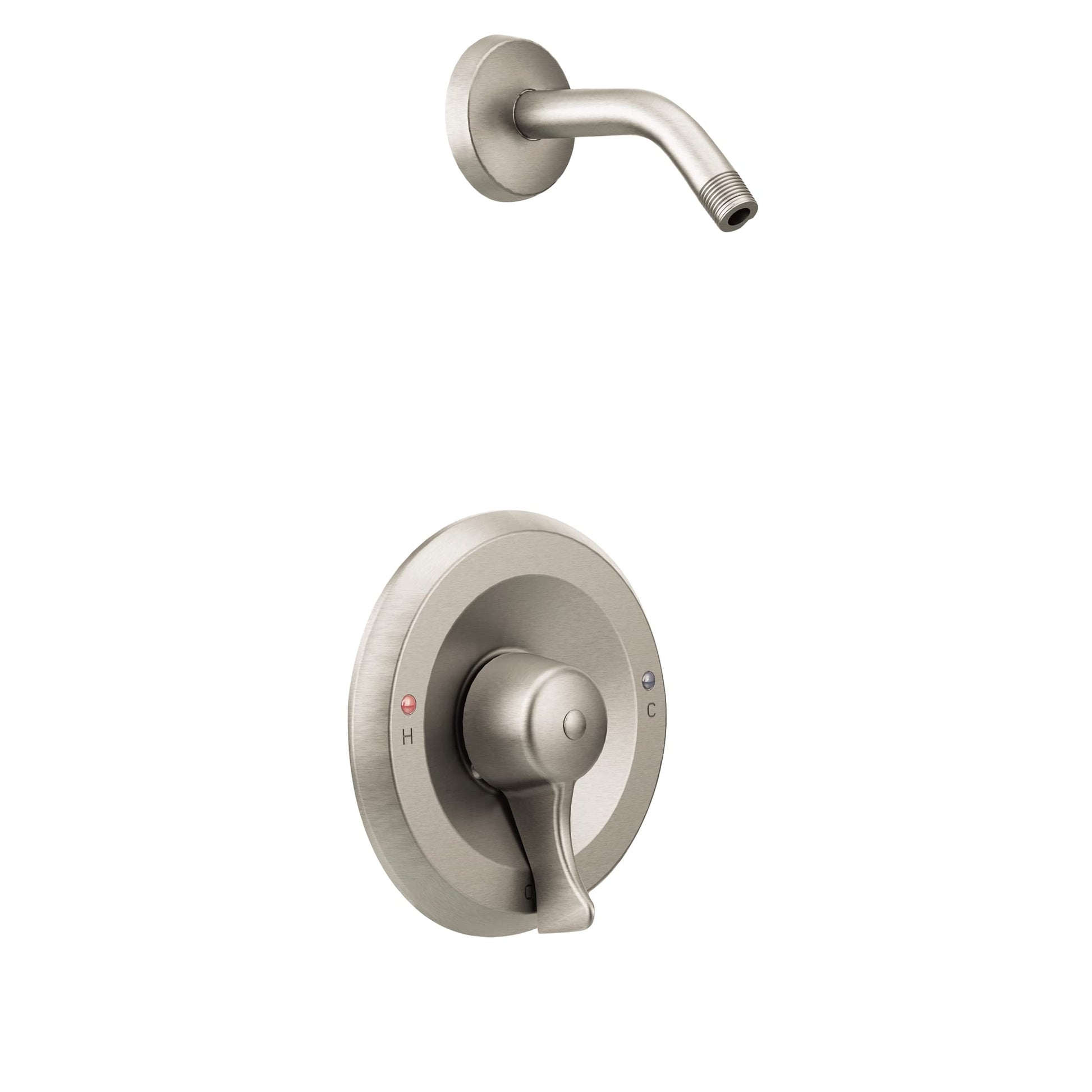 Brushed nickel single-handle shower trim with round escutcheon plate and curved wall-mounted arm.