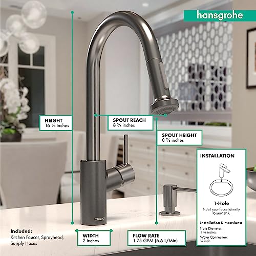 Brushed black chrome high arc kitchen faucet with pull-down spray head and single base, shown with dimension specifications.