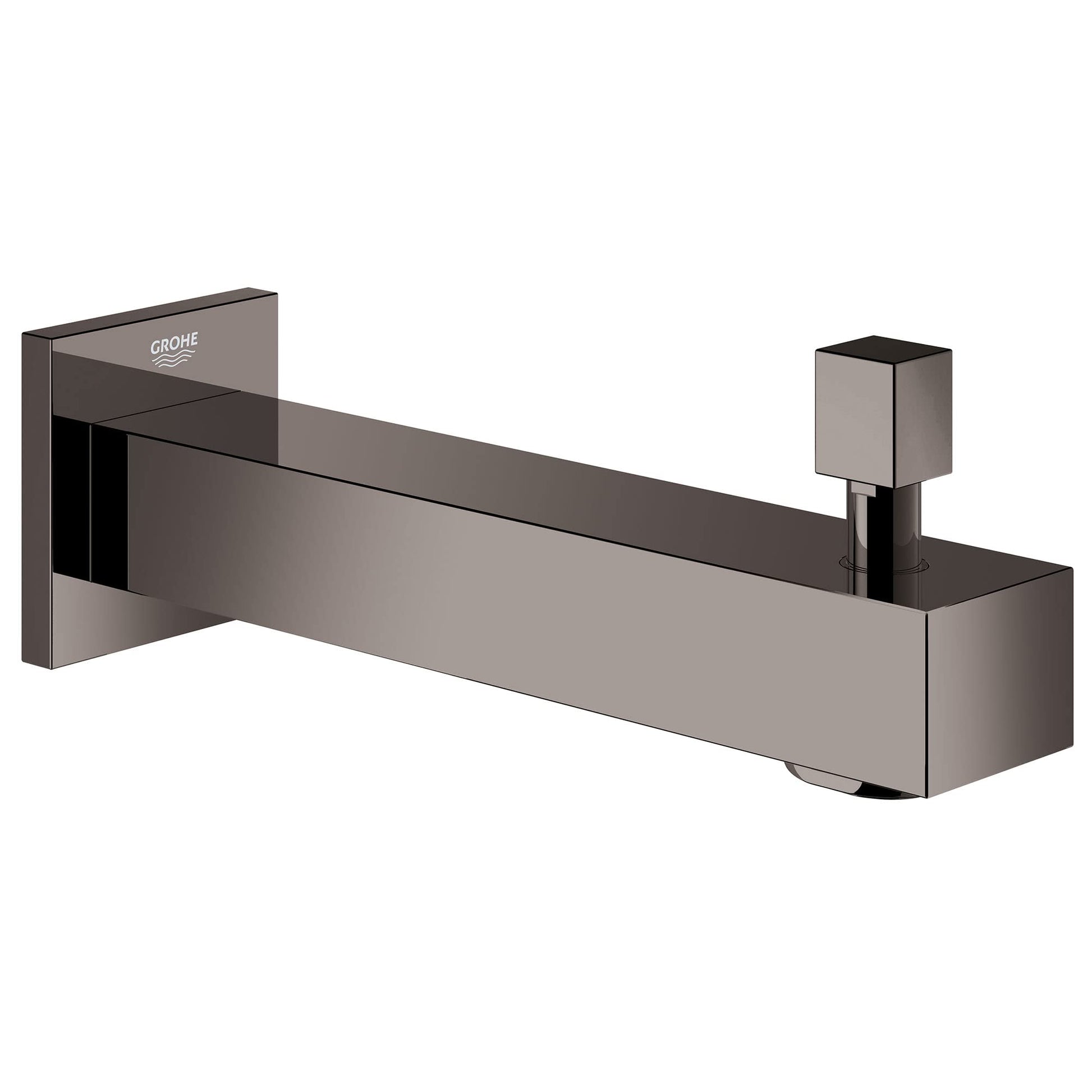 Grohe Eurocube hard graphite diverter tub spout with wall-mounted square escutcheon and lever handle.
