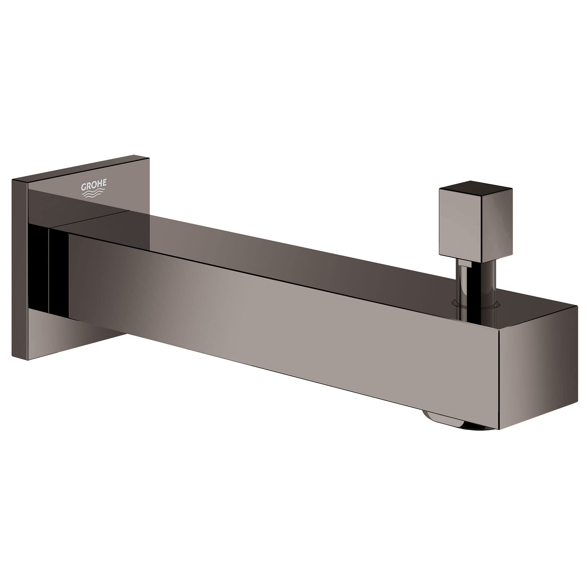 Grohe Eurocube hard graphite diverter tub spout with wall-mounted square escutcheon and lever handle.