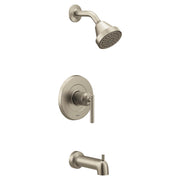 Brushed nickel tub and shower trim kit with single lever handle, showerhead, and tub spout.