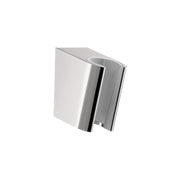 Chrome handshower holder with curved bracket and mounting slot for wall installation.