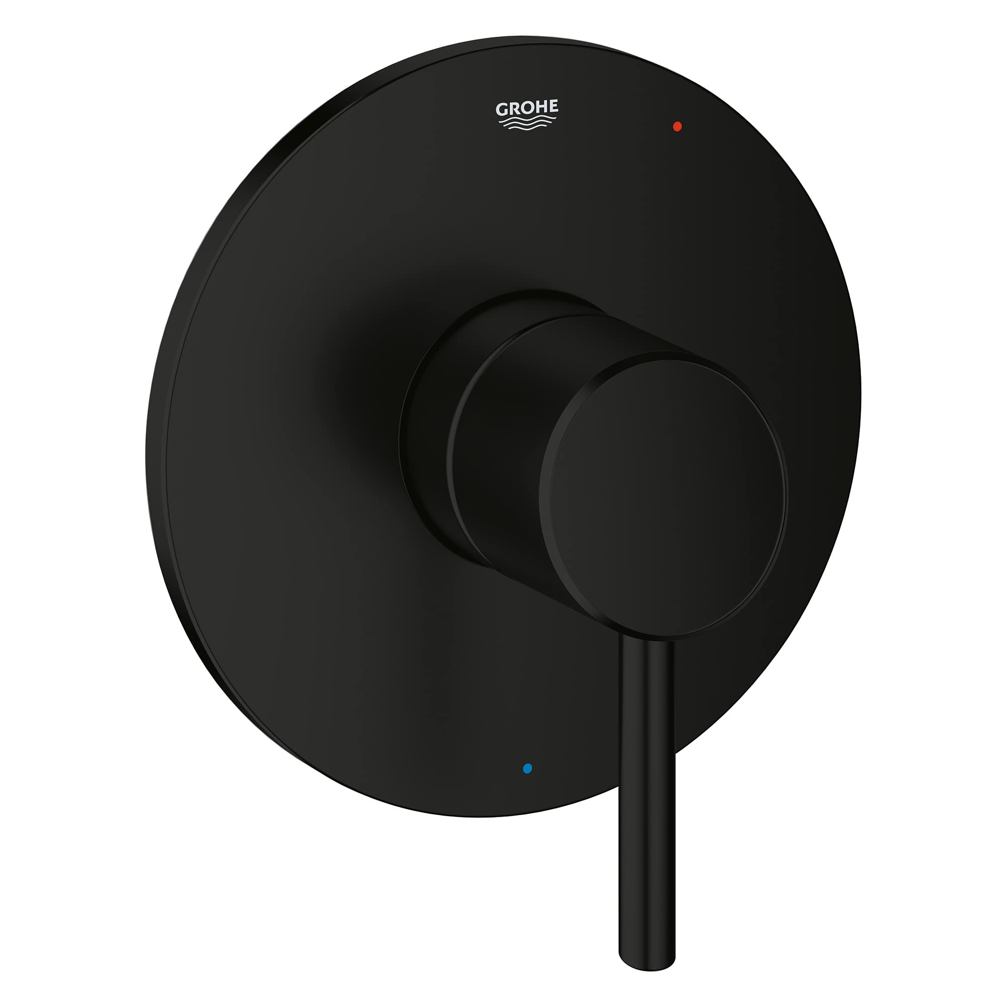 Matte black circular valve trim with single lever handle and Grohe branding on round escutcheon plate.