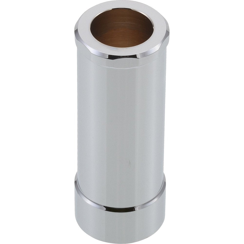 Chrome-finished cylindrical transfer valve sleeve with hollow center and metallic trim rings at top and bottom.