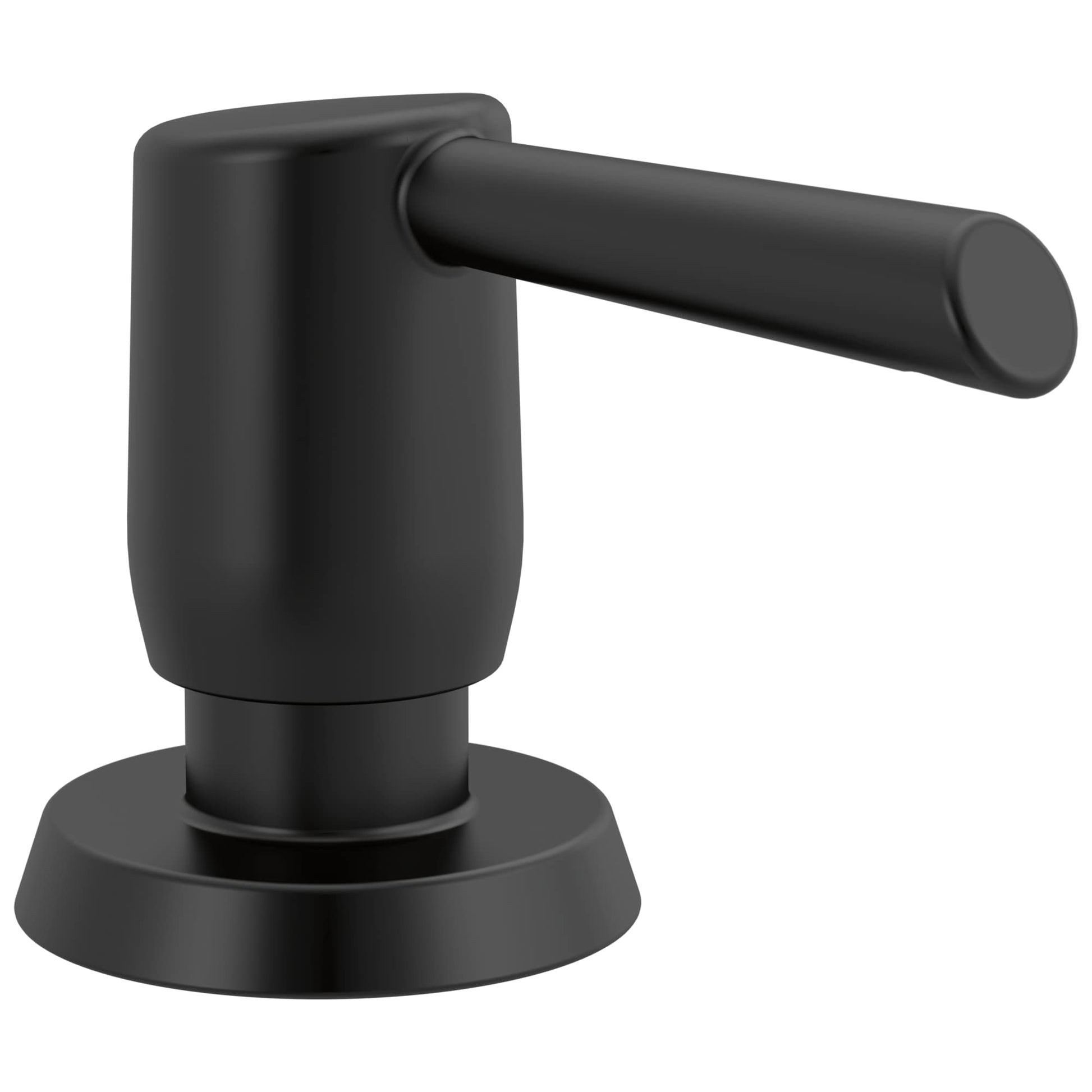 Matte black metal soap dispenser with cylindrical pump handle and round base.
