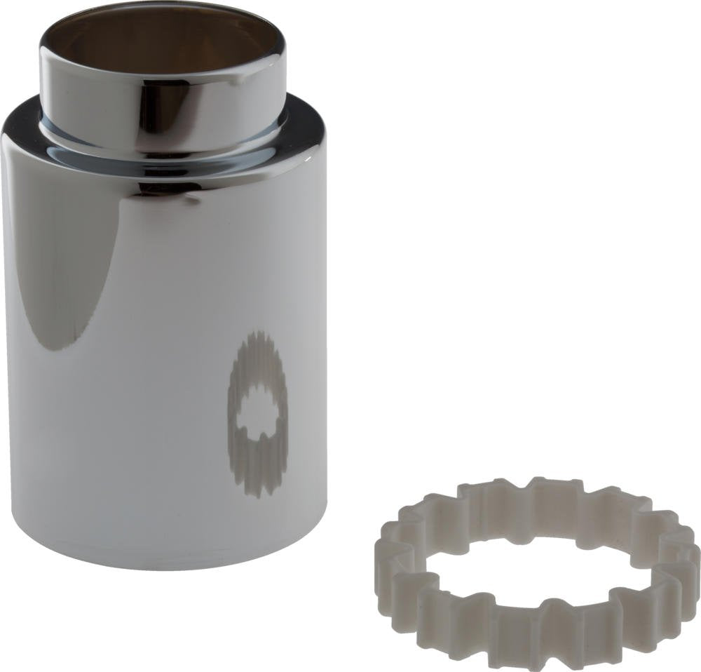 Chrome-finished cylindrical trim sleeve with decorative band and translucent plastic locking ring component.