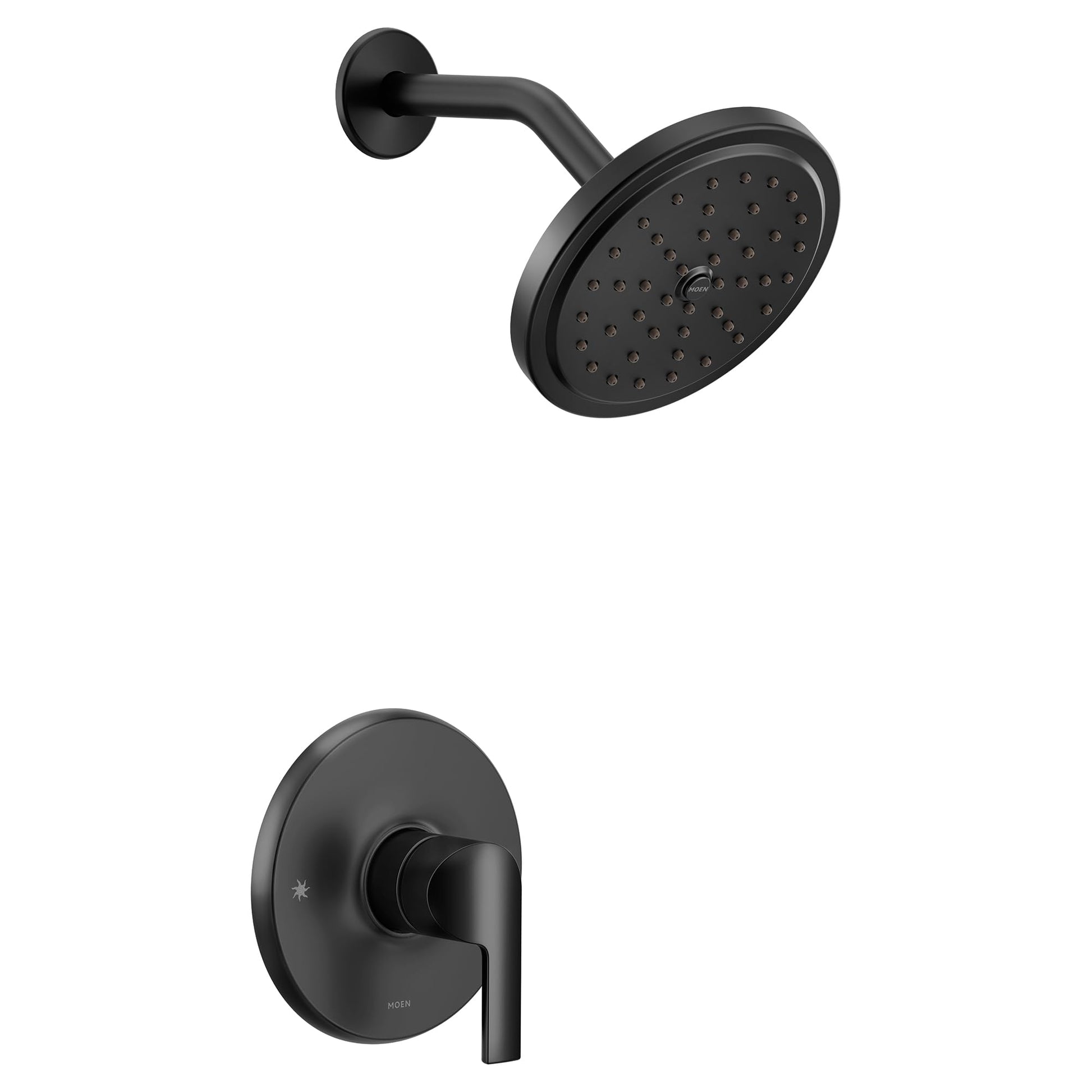 Matte black single-handle shower trim kit with round showerhead and wall-mounted valve control.