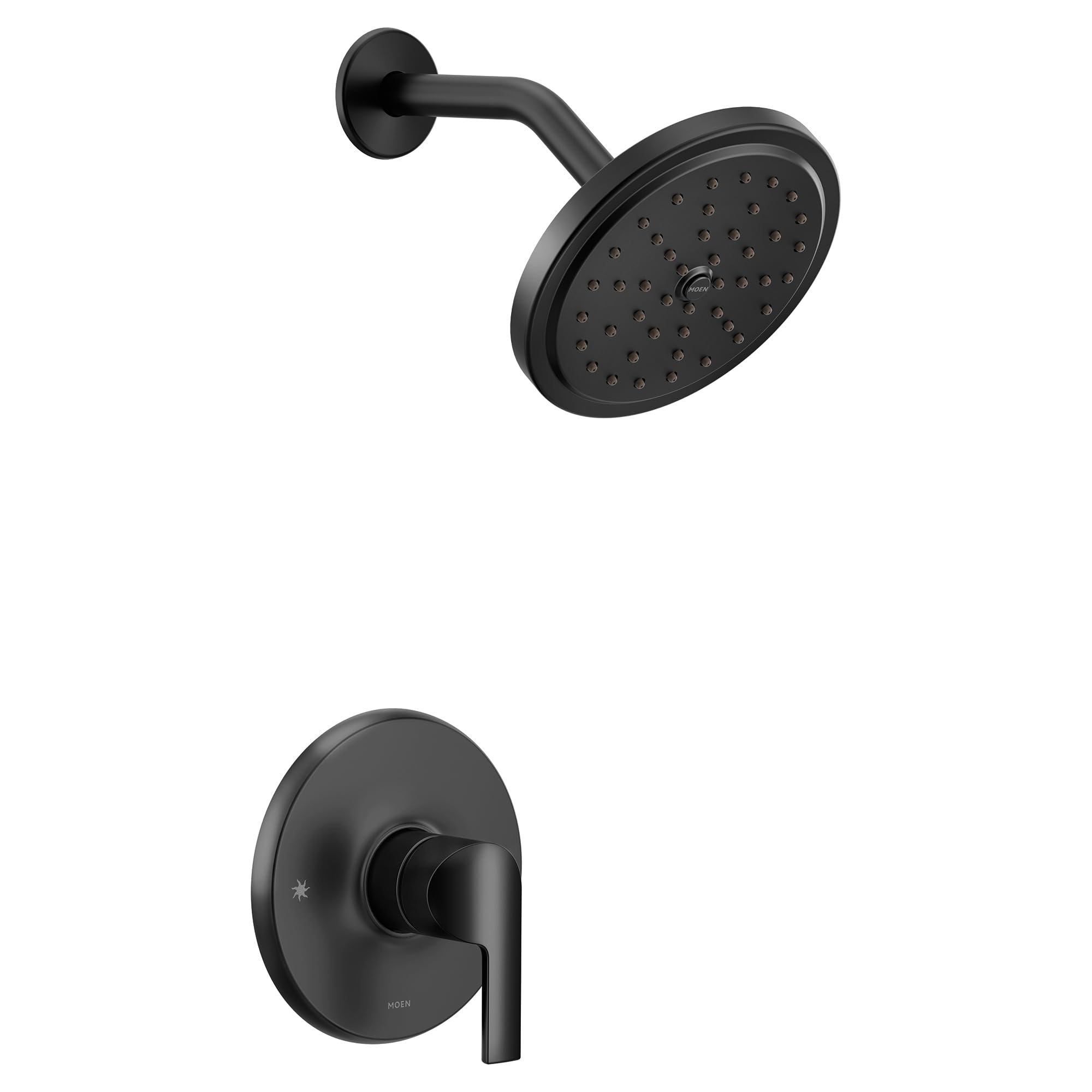 Matte black single-handle shower trim kit with round showerhead and wall-mounted valve control.
