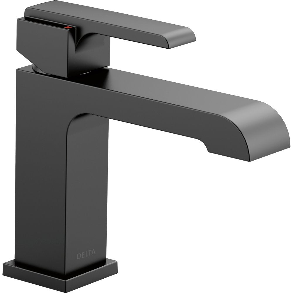 Black single-handle bathroom faucet with curved spout and square base, featuring Delta branding.