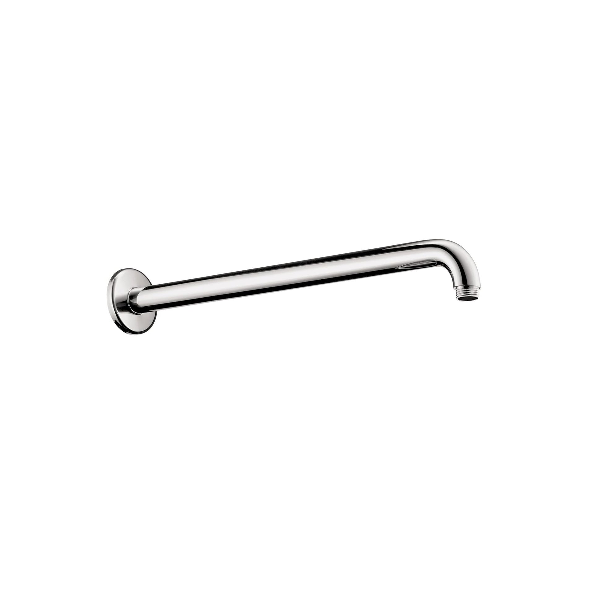 Chrome shower arm with curved design and wall-mounted round flange connector, extending horizontally from left to right.