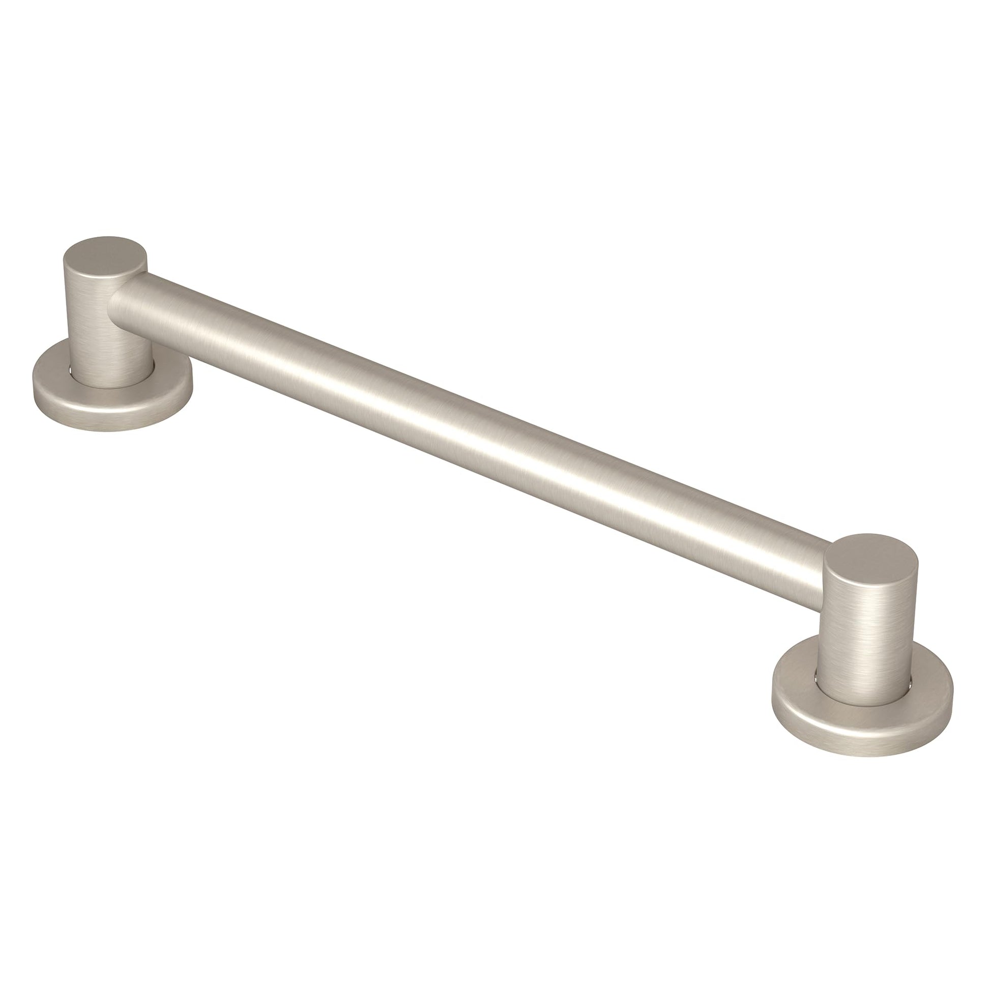 Brushed nickel stainless steel grab bar with cylindrical handles mounted on circular bases at each end.
