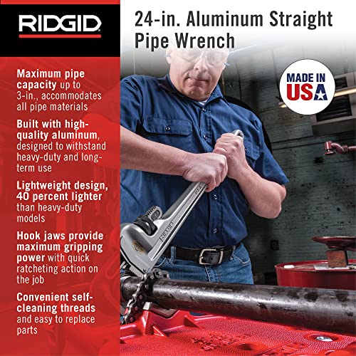 RIDGID 24-inch aluminum straight pipe wrench with adjustable jaw, held by person in blue shirt.