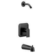 Matte black tub and shower trim kit with single lever handle, wall-mounted spout, and control valve trim plate.