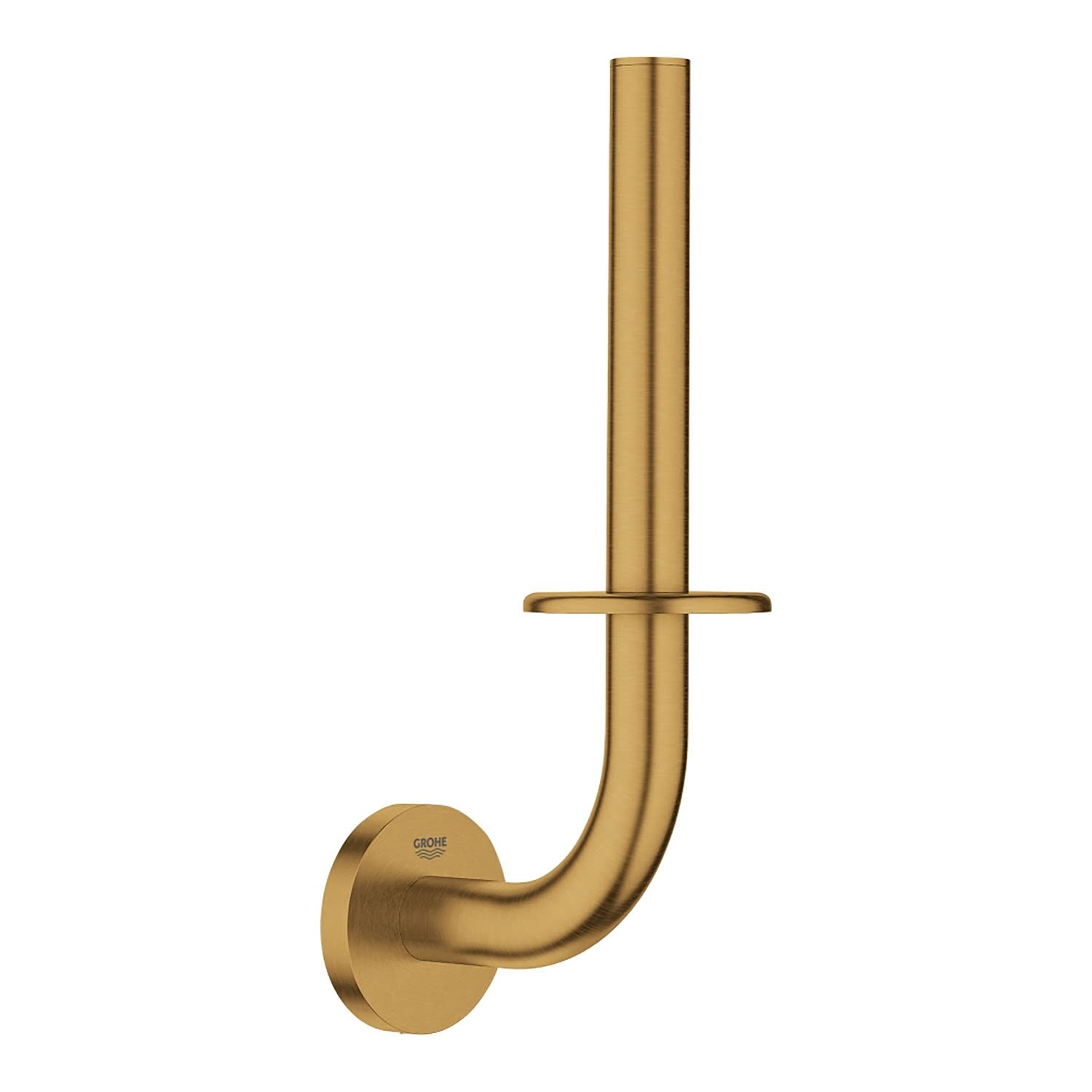 Brushed gold curved paper holder with round wall mount and horizontal bar for spare roll storage.