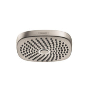 Brushed nickel round shower head with multiple spray jets arranged in concentric circular pattern and Hansgrohe branding.