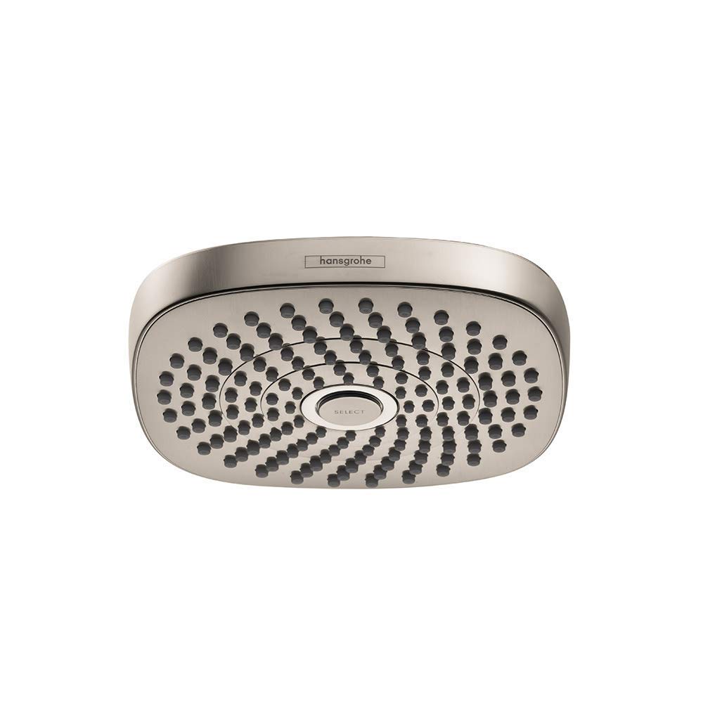 Brushed nickel round shower head with multiple spray jets arranged in concentric circular pattern and Hansgrohe branding.