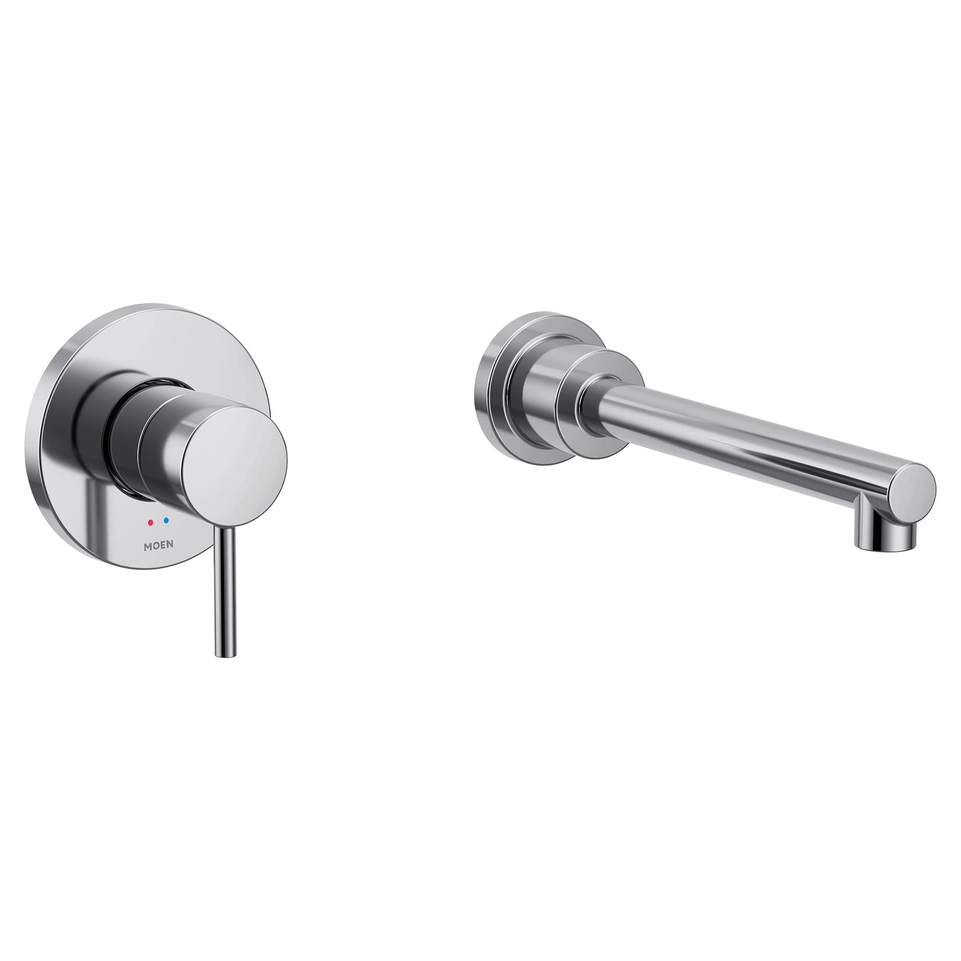 Chrome wall-mount tub faucet with single handle lever and extended spout.