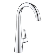 Chrome single-handle beverage faucet with curved spout and side lever control.