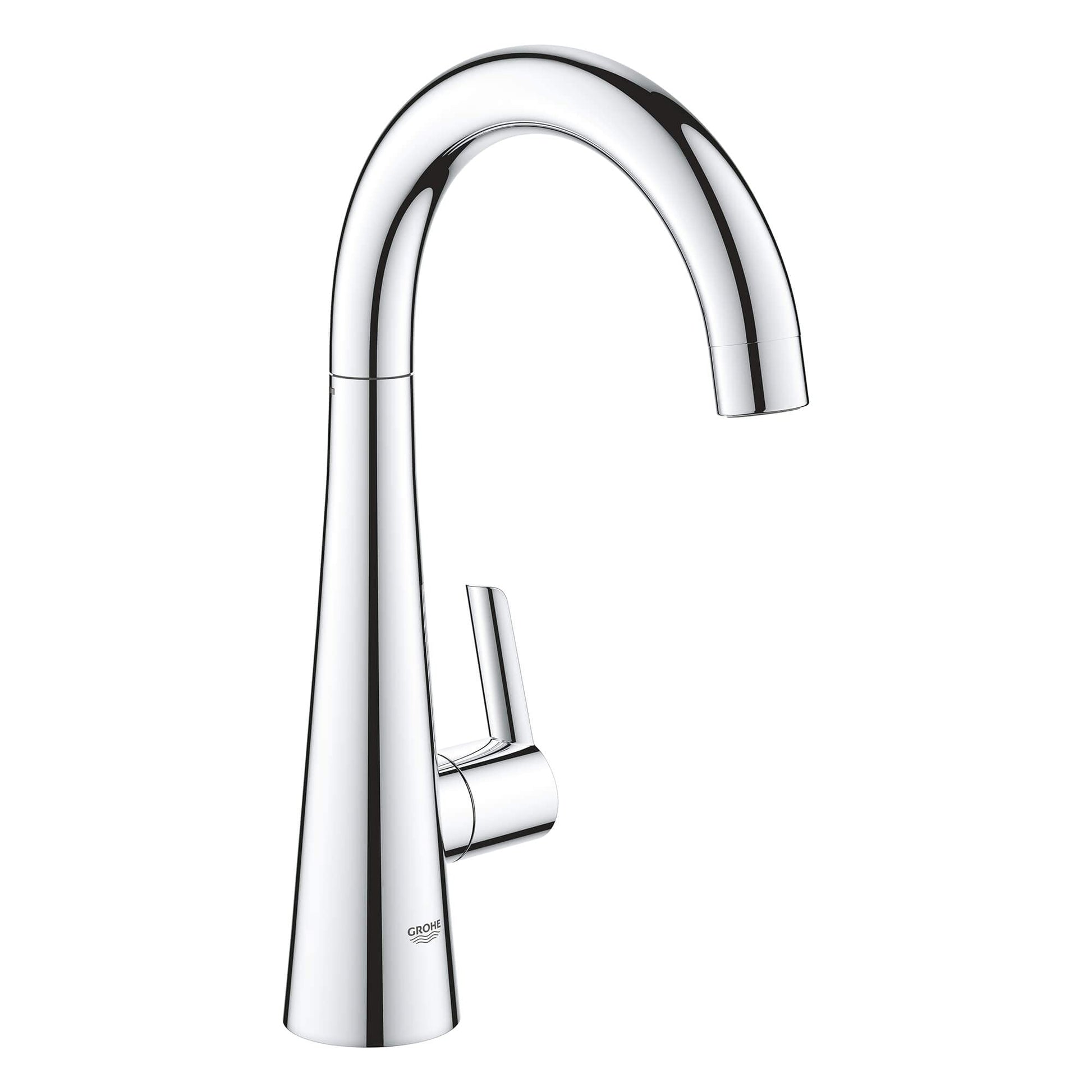 Chrome single-handle beverage faucet with curved spout and side lever control.
