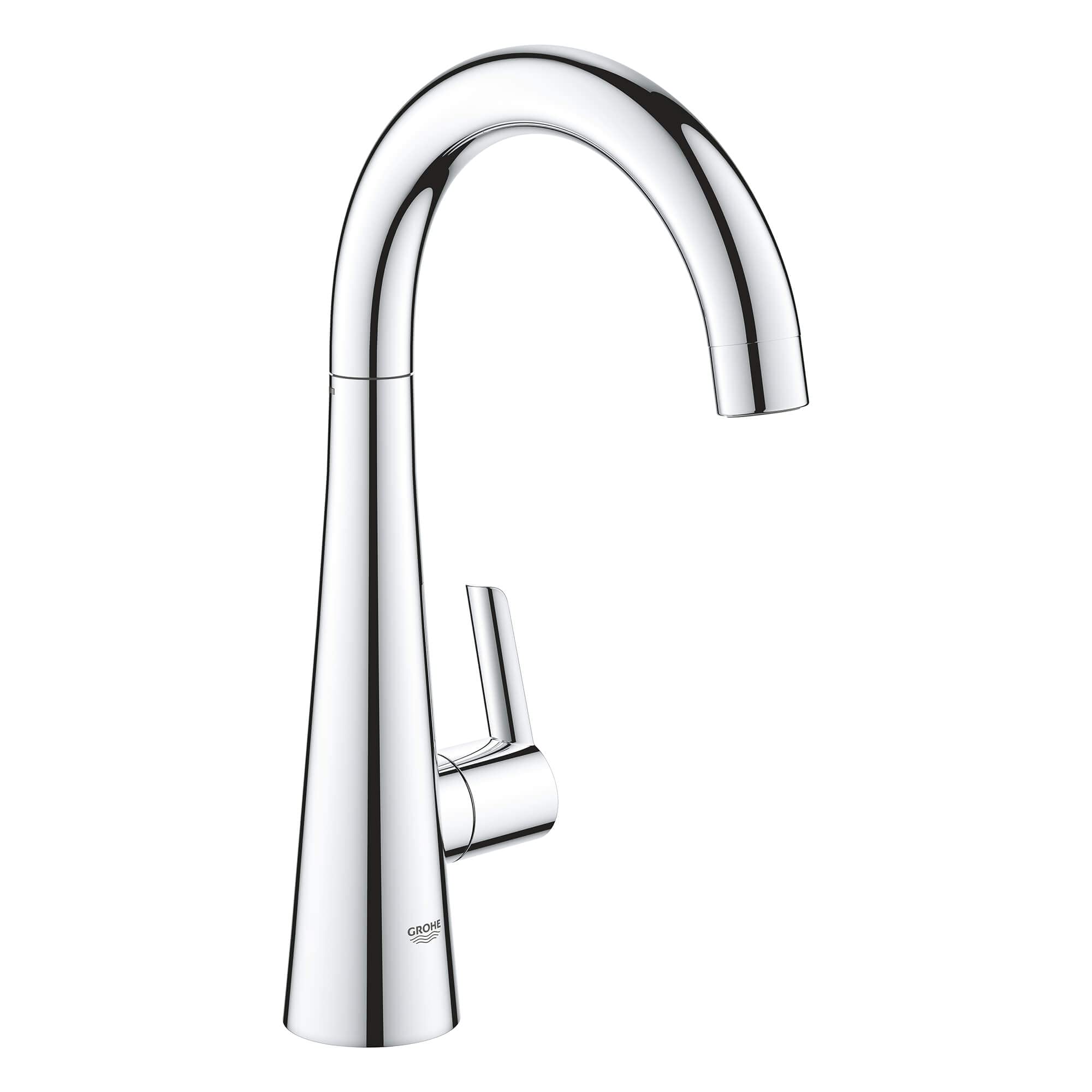 Chrome single-handle beverage faucet with curved spout and side lever control.