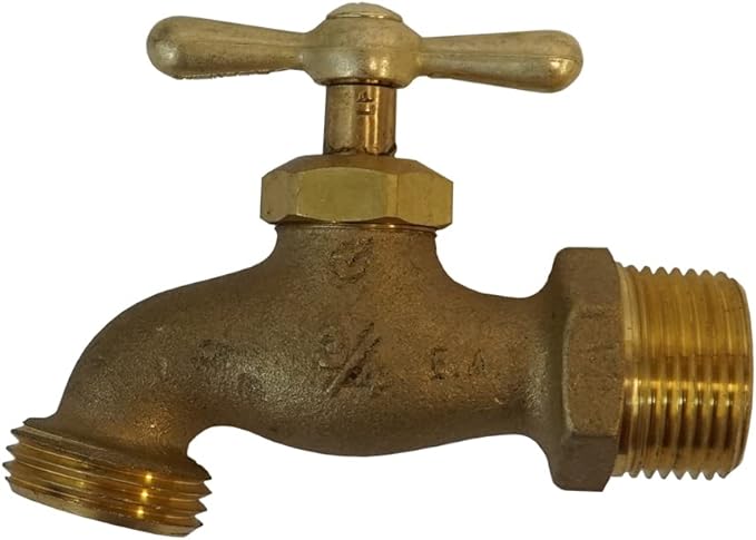 Brass hose bib with T-handle valve and threaded outlet, 3/4 inch connection.