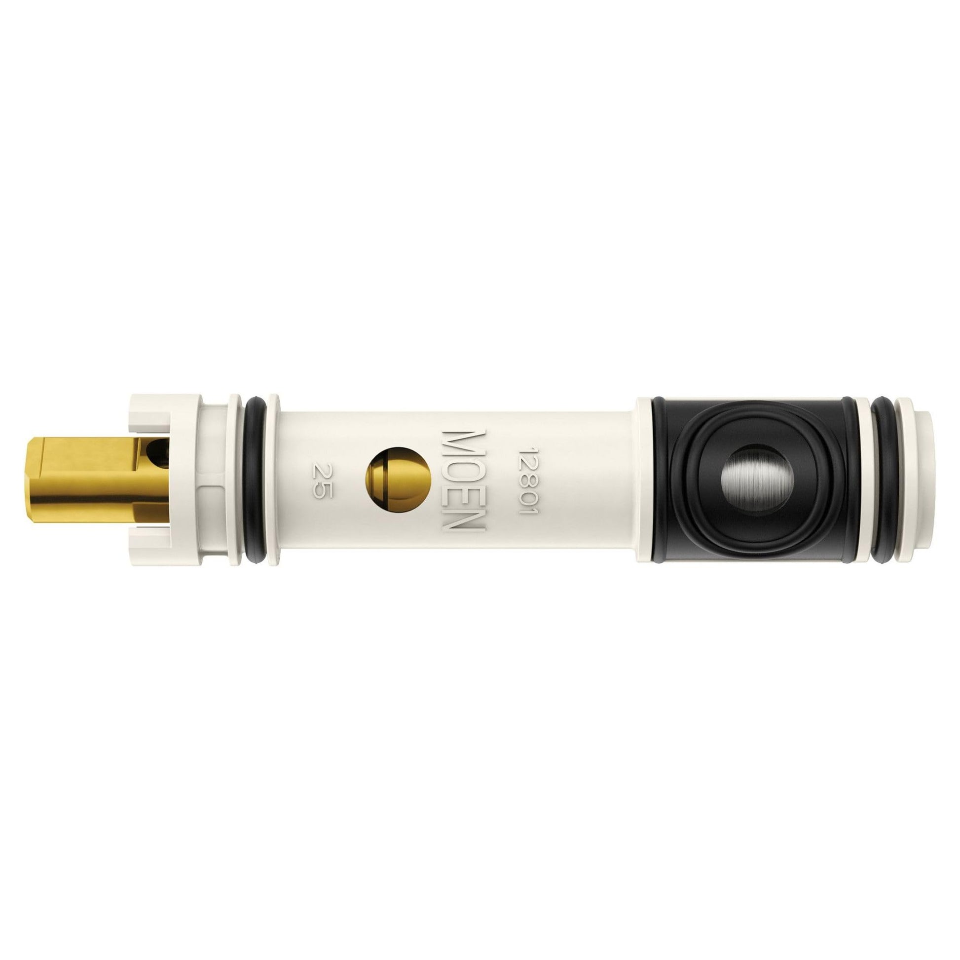 Moen 1225 faucet cartridge with brass inlet, white body, black rubber seal, and internal valve mechanism.